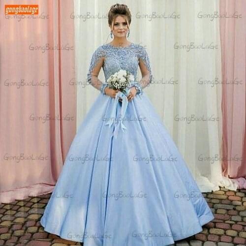 Sky Blue Evening Gowns For Women Robe De Soiree O Neck Beaded Appliques Satin Formal Dresses Long Sleeves 2020 Vestido De Festa