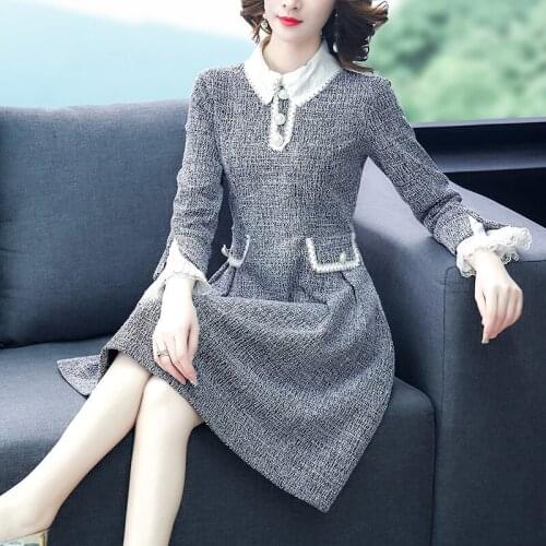 Autumn and winter new ladies temperament nine-point sleeve doll collar small fragrance high-quality thick tweed stitching dress