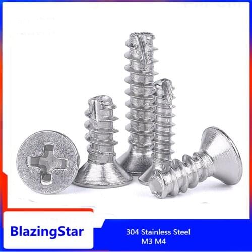 50PCS M3 M4 304 Stainless Steel Countersunk Flat Tail Tapping Screw Slotted Tapping Screw Snijden Tail