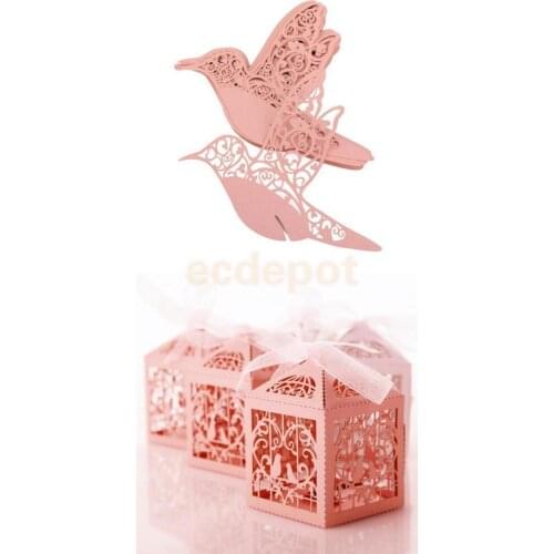 50pcs Bird Candy Boxes Gift Boxes with Ribbon Wine Glass Place Cards Set Wedding Ceremony Party Decor Pink