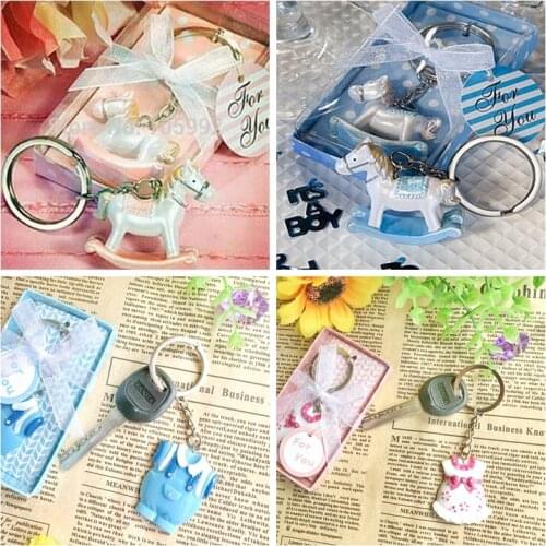 Baby Shower Favors Pink/Blue Rocking Horse Keychain Baby One-piece Dress Key Chain in Gift Box Newborn Birthday Party Souvenir