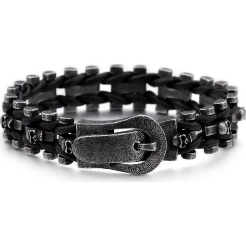 316L Stainless steel Vintage Black rope braind skeleton Skull Bracelet Biker Chain 8.8'' 16mm wide