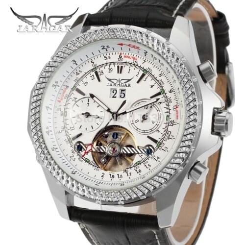 Mens Watch New Fashion Wheels Tourbillon Best Gift Genuine Leather Strap Casual Wristwatch Color White JAG070M3S1
