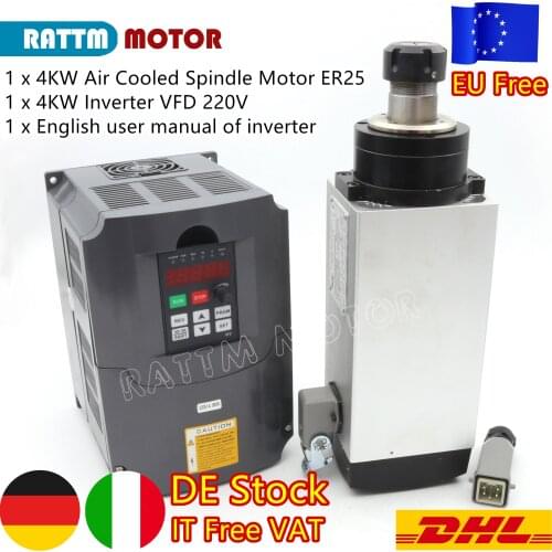 『EU Free VAT』4KW 220V Air Cooling Spindle Motor ER25 300Hz 18000RPM 12A + HY Inverter for CNC Milling Engraving Router Machine