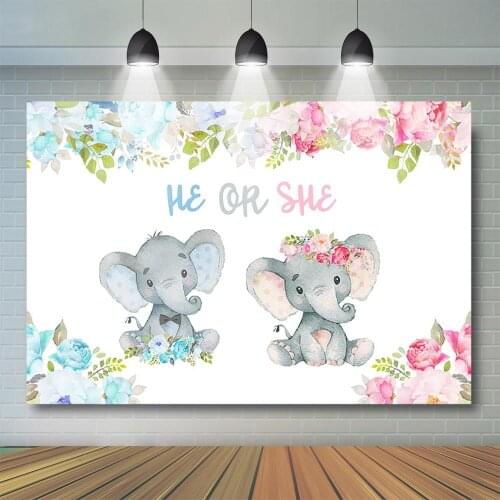 Elephant He Or She Gender Reveal Backdrop Blue or Pink Flower Baby Shower Banner Boy or Girl Elephant Gender Reveal Party Decor