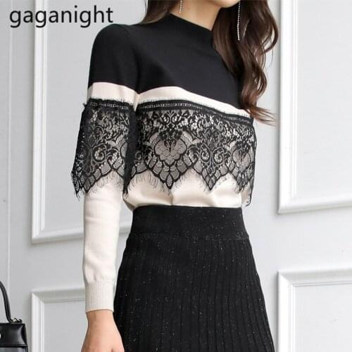 Gaganight Women Lace Patchwork Elgegant Jumpers Fashion Korean OL Autumn Winter Sweater Loose Pull Femme All Match Sweaters