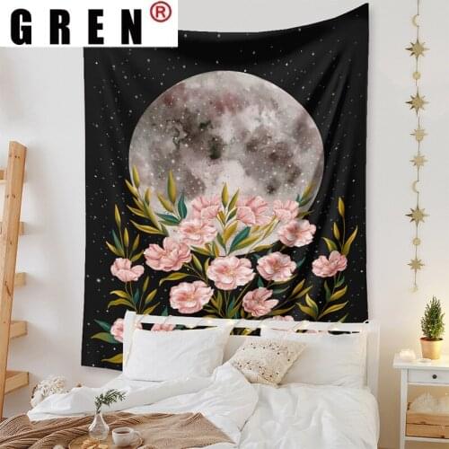 GREN Tapestry Moon Phase Wall Hanging Psychedelic Flower Starry Sky Tapestries Black Boho Carpet Wall Cloth Cover Home Decor