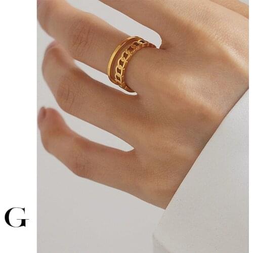 GHIDBK Minimalist Double Layered Hollow Chain Stainless Steel Class Wide Rings for Women Chic Fashion Dainty Jewelry Wholesale