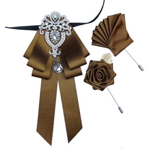 British Handmade Rhinestone Bow Tie Set for Men High-end Business Banquet Wedding Suit Dress Bowtie Brooch Pocket Square 3-piece