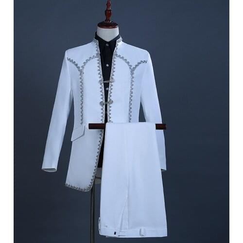 Men Stand Collar Double Breasted Europe Vintage Drama 2 Pieces Dress Suit (Jacket+Pants) Prom Wedding Groom Costume Homme White