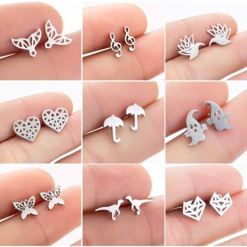 Small Stainless Steel Music Earrings for Women Girls Simple Butterfly Ghost Bird Heart Earings Jewelry Animal Accessories Gifts