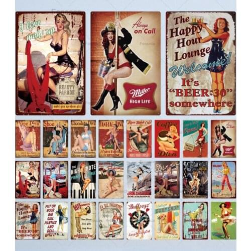 Pin Up Girl Plaque Metal Vintage Sexy Metal Sign Tin Sign Metal Poster Wall Decor for Bar Pub Club Man Cave Retro Signs