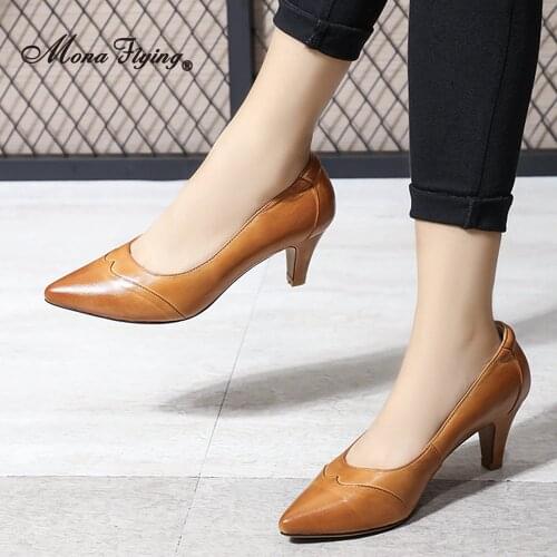 Mona Flying Women Leather Comfort Elegant Pumps for Party Office Dress Pointed Toe High Heels Soft Ladies 2020 New Shoes G168-3