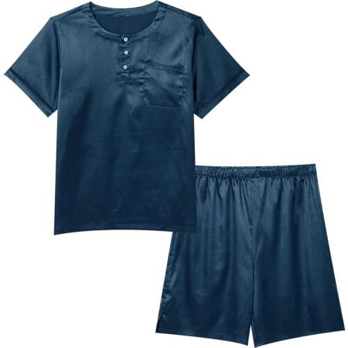 Men Loose Satin Pajama Set Casual Lounge Clothes Sleepwear Short Sleeve Button Tops with Elastic Waistband Shorts Outfits M-XXL