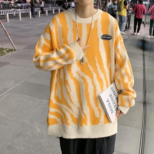Men Pullover Oversize Retro Couples Zebra Striped Loose Knitted Mens Sweater Male Fashion All-match Straight Casual Cozy Clothes
