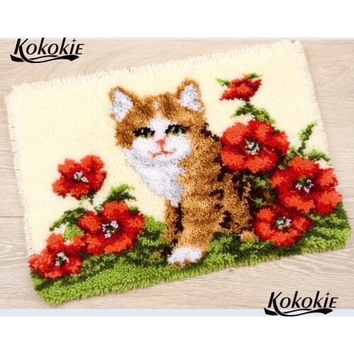 Flower cat latch hook kit rug canvas printing vloerklee latch hook crochet tapis diy carpet knooppakket tapijten tapestry kits