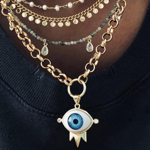New chunky fashion evil eye pendant charm Gold round spring clasp Good vibes Protection necklace laryer jewelry bijoux creative