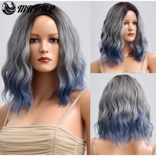 Grey blue Short Ombre Wave Daily Synthetic Bob Wig For White Black Women Natural Cosplay Heat Resistant Hair Fiber Wigs