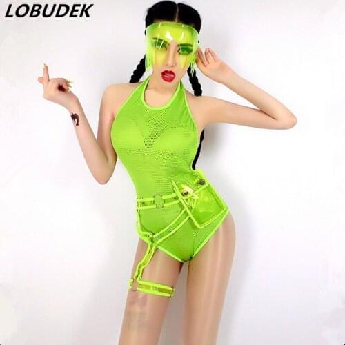 Bar Nightclub Female DJ Singer Sexy Costume Clubs Jazz Dance Group Stage Outfit Fluorescence Green Backless Bodysuit Dance Wear