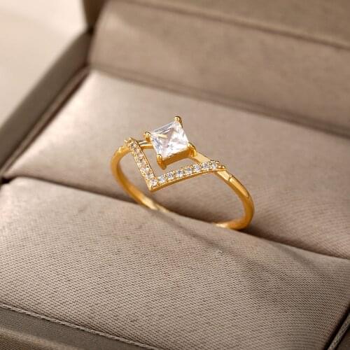 Luxury Square Crystal Crown Rings For Women Stainless Steel Gold Sliver Color Ring Zircon Wedding Couple Rings Aesthetic Jewelry