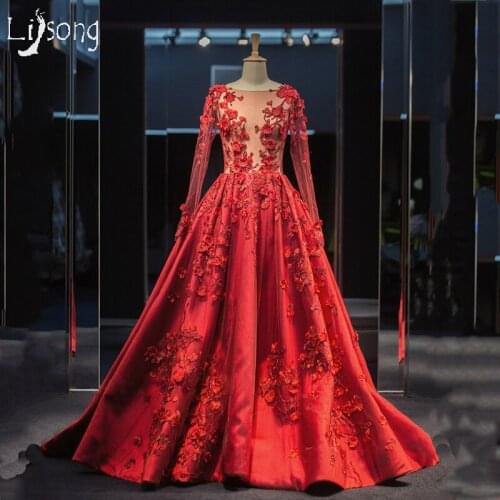 Gorgeous Floral Appliques Burgundy Evening Dress Long Sleeves See through Custom Made Womens Formal Maxi Gowns Vestidos de noiva