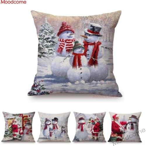 Watercolor Christmas Decoration Snowman Santa Claus Home Sofa Throw Pillow Case Cotton Linen Xmas Cute Snowmen Cushion Cover