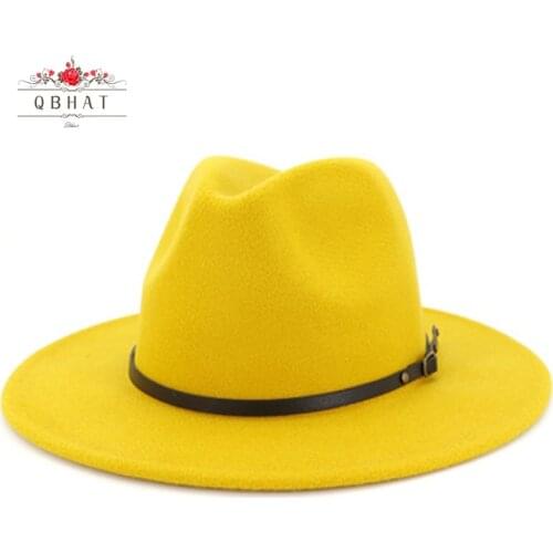 QBHAT Wide Flat Brim Women Men Unisex Wool Felt Jazz Panama Fedora Hats with Belt Buckle Casual Gambler Hat Party Formal cap