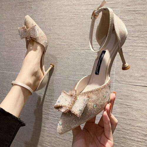Rhinestone pointed high heels 2021 spring new bow stiletto banquet wedding shoes