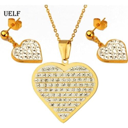 UELF Heart Shaped Necklace Earrings Set Wedding Bridal Womens Jewelry Sets with Top Quality Crystal Stainless Steel jewelry