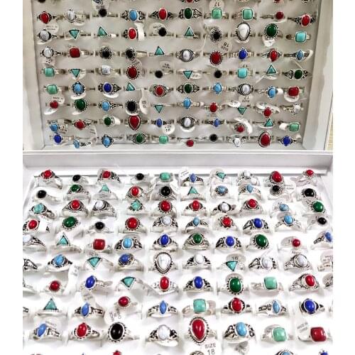100pcs Vintage Retro Colorful Natural Stone Rings Womens Girls Turquoises Stone Rings Ladies Elegant Fashion Jewelry Gift
