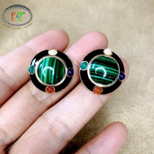 F.J4Z Vintage Trend Stud Earrings for Women Quality Natural Stone Round Anti-allergy Ear Studs Lady Anniversary Jewelry gifts