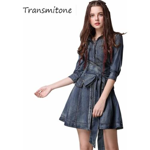 Women Denim Sashes Dress 2019 Vintage Spring 3/4 Sleeve Dresses Turn-down Collar A-line Single Breasted Vestios High Quality