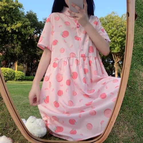 Dress 2020 Summer New Japanese Sweet Lapel Soft Pink Peach Print Loose Short-Sleeved Single-Breasted Skirt lolita dress