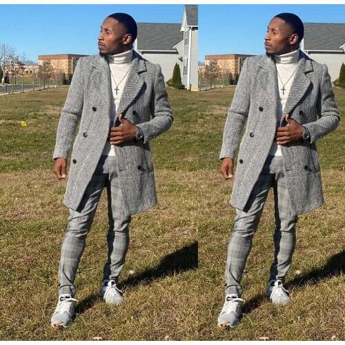 Winter Warm Wool Long Coat Wear Wedding Blazer Tuxedos Double Breasted Clothes for Groom Prom Outfit Pants Only One Jacket
