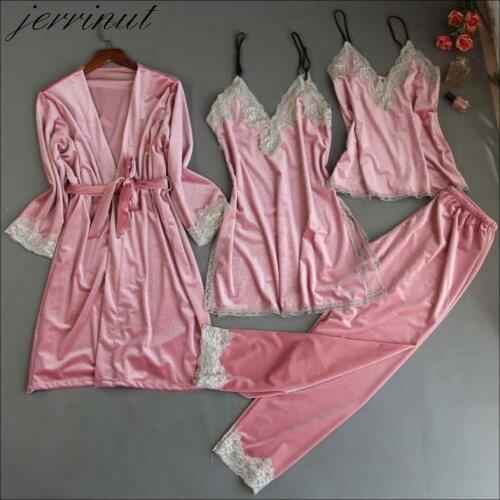 Jerrinut 4PCS Gold Velvet Winter Pajamas Sets Women Sexy Lace Robe Pajamas Sleepwear Sleeveless Nightwear Warm Pyjamas Suit