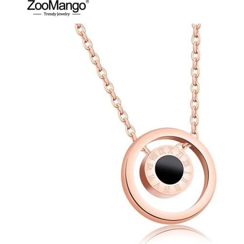 ZooMango Classic Titanium Steel Roman Numeral Double Sided Black & White Shells Circle Rose Gold Color Pendant Necklaces ZN17072