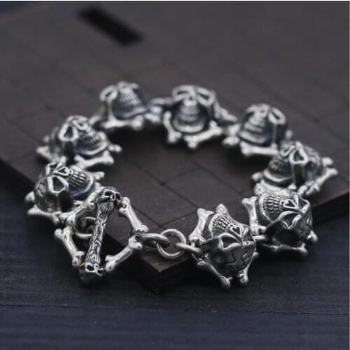 100% 925 Silver Skull Chain Bracelet Thai 925 Silver Skeleton Bracelet Vintage Silver PUNK Jewelry Man Bracelet