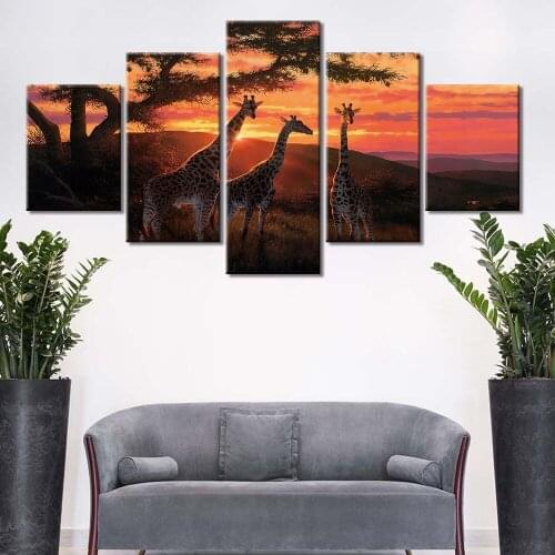 HD Prints 5 Pieces Giraffe Animals Picture Sunset Landscape Poster for Home Decor Canvas Painting Wall Art Framework