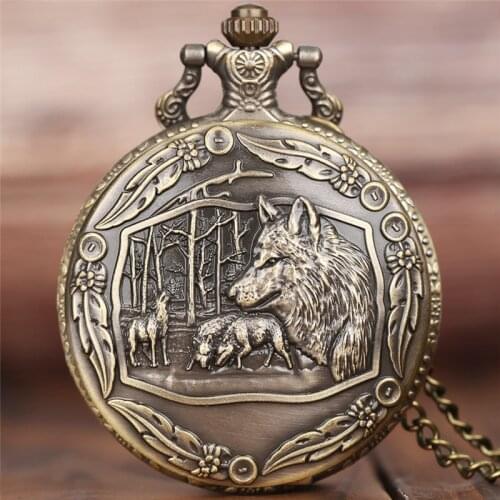 Half Hunter Retro Cool Bronze Wolf Watch Men Quartz Pocket Watches with Chain New Arrival Fashion Pendant Clock Gift Children