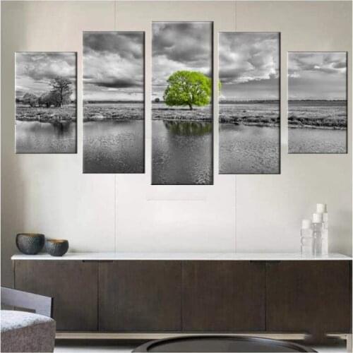Kreative Arts - Canvas Wall Art Paintings Green Tree Landscape In Black And White 5 Pieces Panel Modern Giclee Framed Artwork Pi