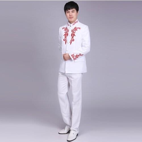 Chinese Tunic Suit Mens Fashion Stand Collar Clothing Long Sleeve Host Chorus Performance Costume Embroidery Jacket + Pants