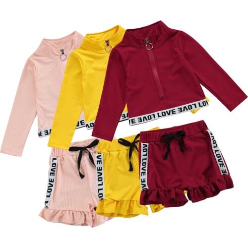 2Pcs Kids Summer Tracksuit Letters Print Mock Neck Zipper Pullover + Ruffled Shorts for Girls 18 Months to 6 Years
