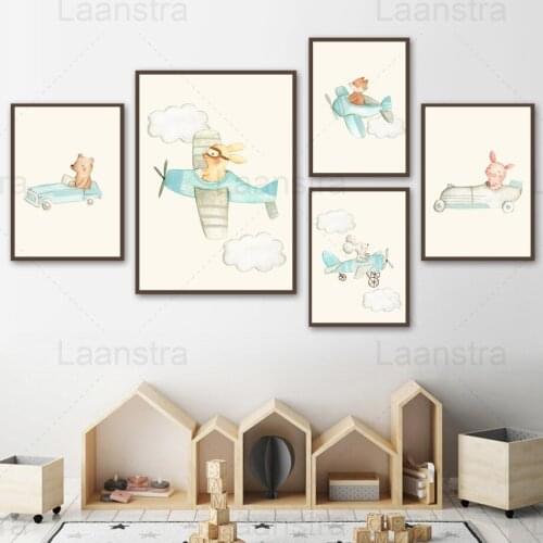 Small Animals Flying By Plane Childrens Room Decoration Painting Cartoon Rabbit Mouse Vehicle Cloud Living Room Canvas Poster
