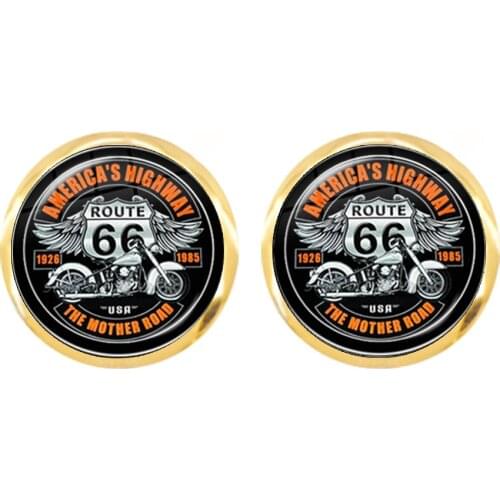 Fashion Motorcycles Pattern Earrings US Flag Route 66 Design 12mm Glass Cabochon Stud Earrings Jewelry For Women Girls Gift