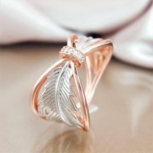 Fashionable Women Rings Dual Color Hollow Feather Rhinestone Inlaid Wedding Engagement Finger Ring Jewelry For Lady Gift