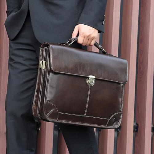Mens genuine leather briefcase 15" glossy double layer laptop shoulder bag Cow leather business bag real leather work tote