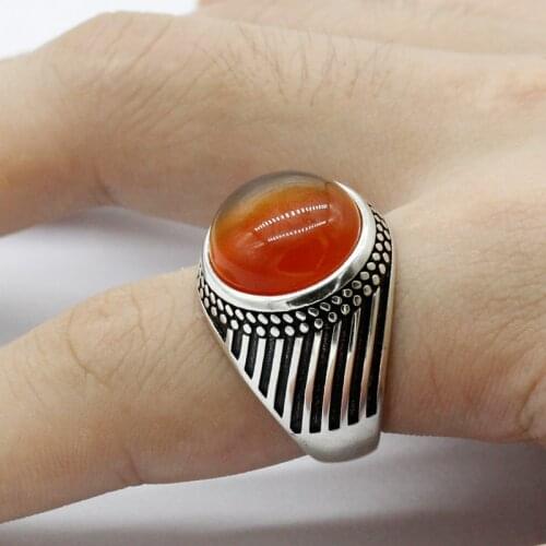 Real 925 Sterling Silver Men Women Ring with Natural Agate Stone Turkish Rings Lucky Jewelry for Husband Wife Anniversary Gift