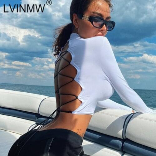 LVINMW Sexy O Neck Long Sleeve Back Hollow Out Solid Chic Crop Top Lace Up Slim Tops Women Double-sided Skinny Clubwear Party