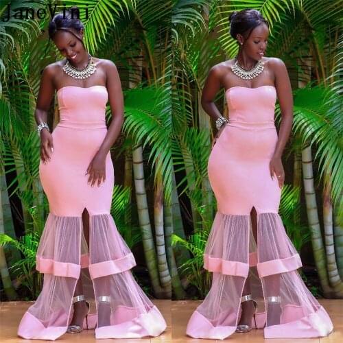 JaneVini African Pink Mermaid Prom Dress for Black Girls 2019 See Through Tulle Women Long Evening Gowns Zipper Back Party Wear