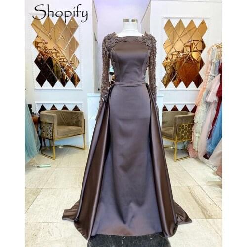 Sheer Long Sleeve Mermaid Luxury Beaded Evening Dress 2021 Brown Satin African Women Formal Gowns